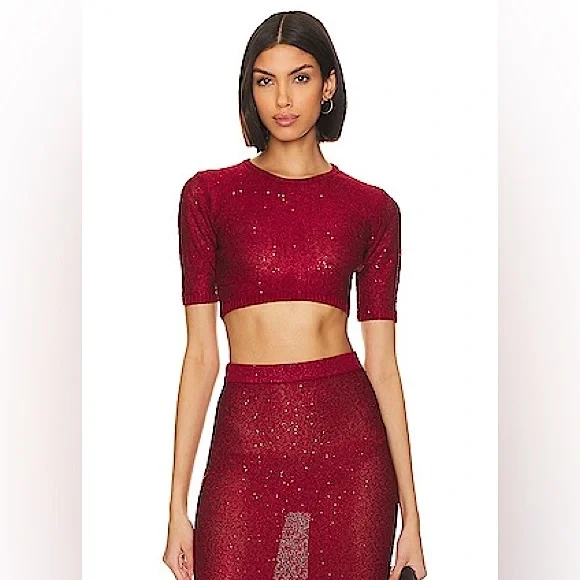 NWT MISA Los Angeles Darya Sparkle Sequin Crop Top in Lipstick Red Sz Medium